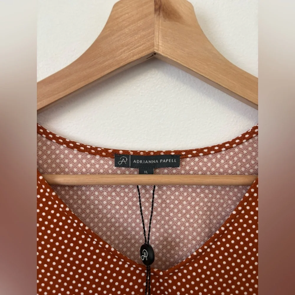 Adrianna Papell Pleated Sleeve Print Knit Top – Orange/White Polka Dot – NWT - Picture 2 of 4